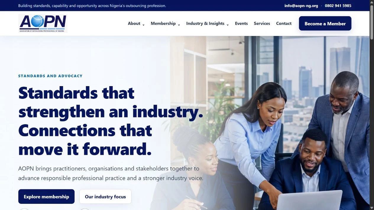 Screenshot of the Association of Outsourcing Professionals of Nigeria website, captured 29 October 2026.