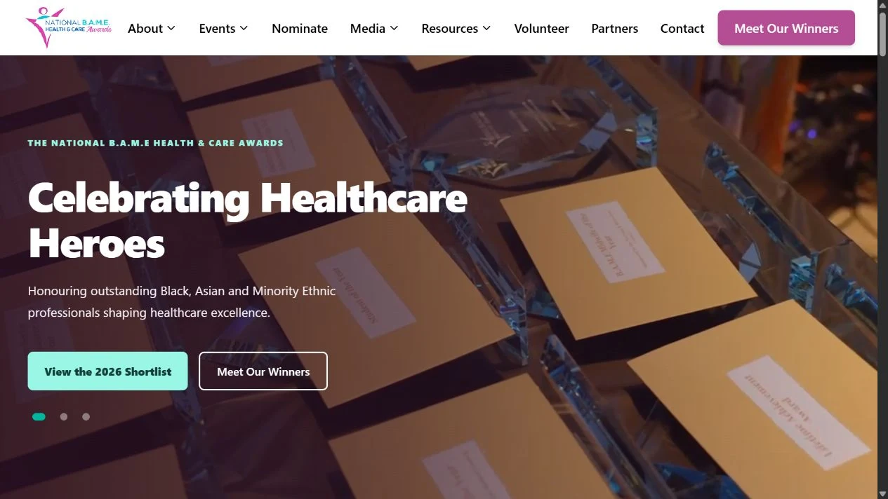 Screenshot of the B.A.M.E Health & Care Awards website, captured 29 October 2026.