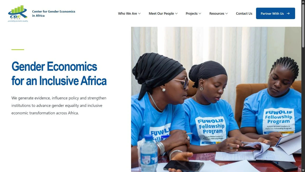 Screenshot of the Center for Gender Economics in Africa website, captured 29 October 2026.