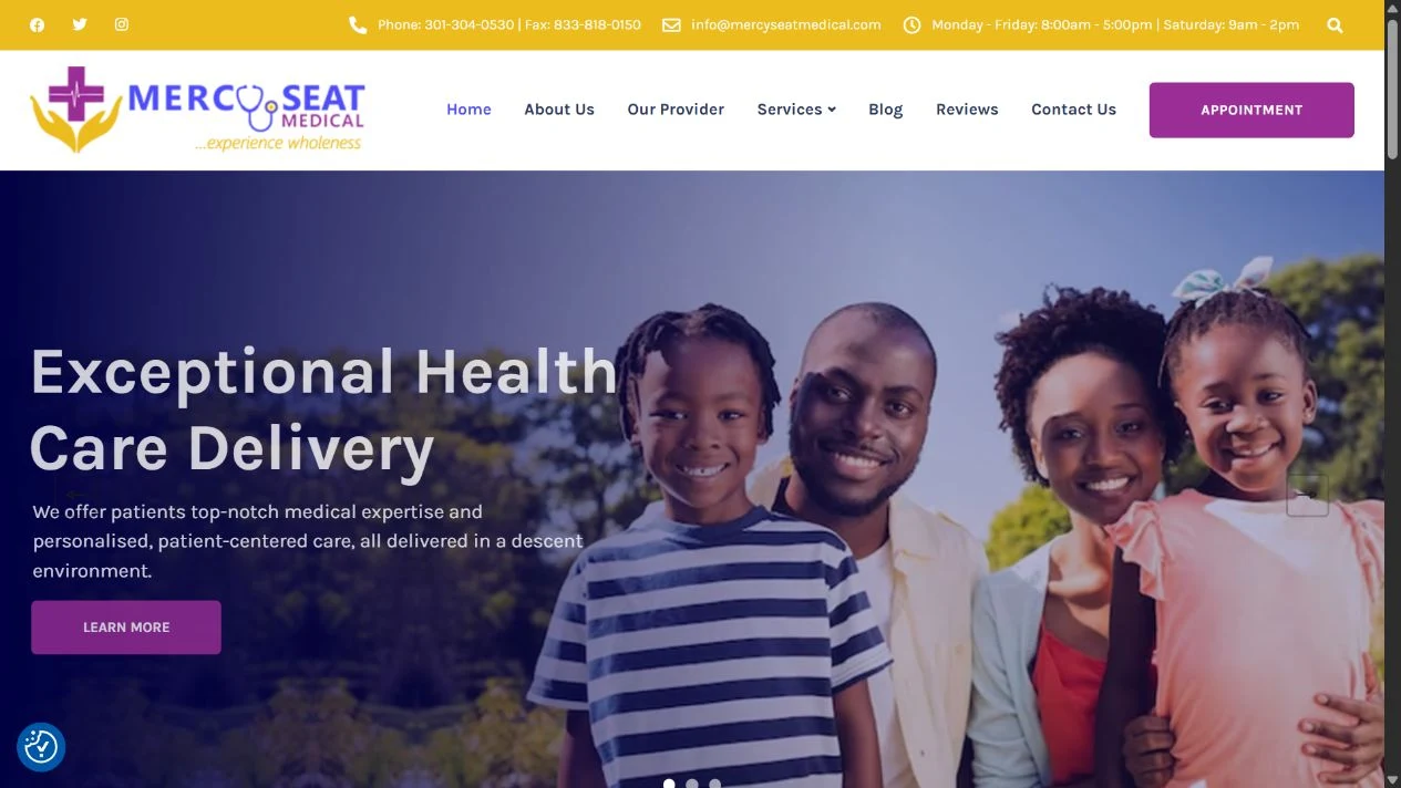 Screenshot of the Mercy Seat Medical website, captured 29 October 2026.